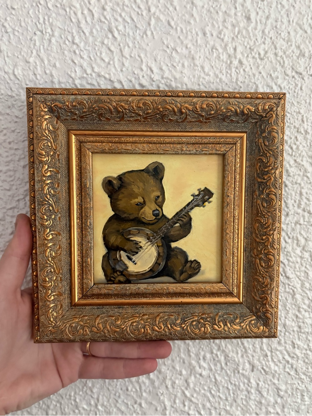 "Banjo Bear" Original oil painting on wood board mini framed 4x4"